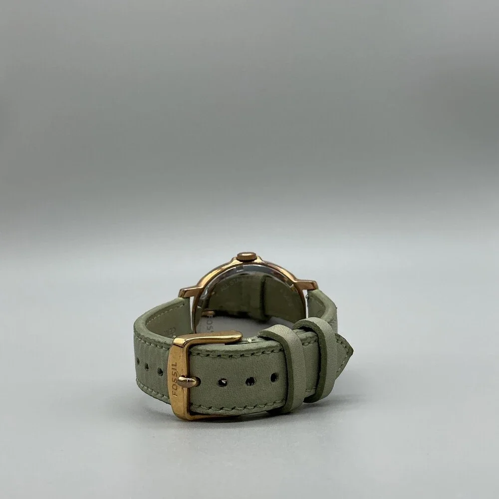 Fossil RIley ES3577 Womens Watch 40mm Rose Gold Tone Green Leather New Battery